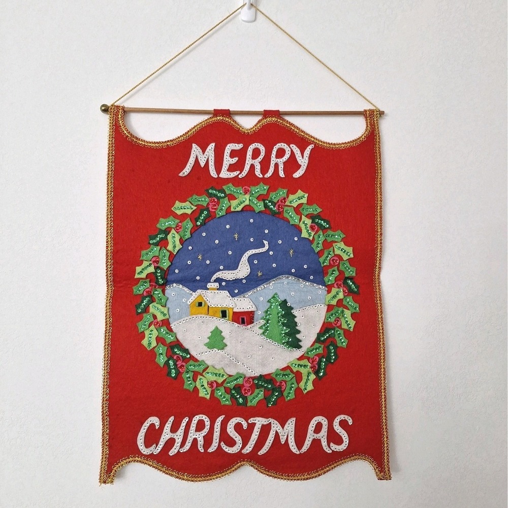 Vtg Bucilla COMPLETED Felt Sequin SANTA Christmas Banner 1970s MCM RARE